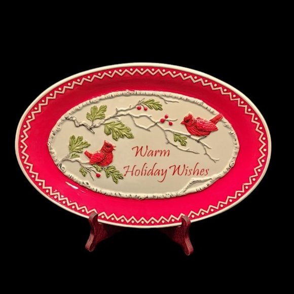 Fitz & Floyd Winterberry " Warm Holiday Wishes " 13" Oval Serving Tray Platter - Picture 1 of 7